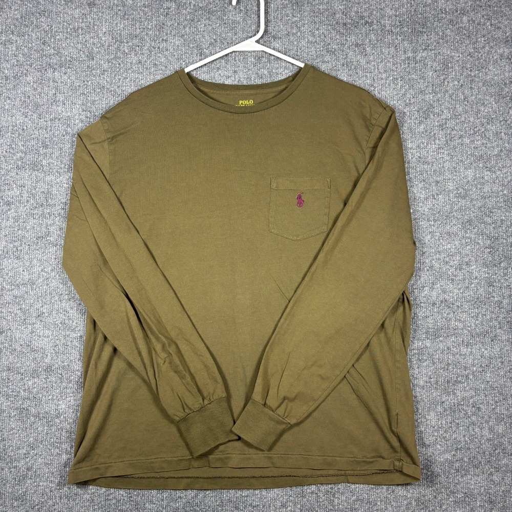 Polo Ralph Lauren Long Sleeve Pocket Tee Mens Large Olive Green Purple Pony Crew